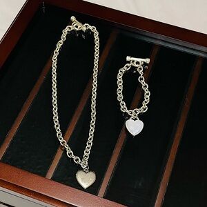 Classic Silver Chain Necklace With Heart Pendant & Bracelet Set